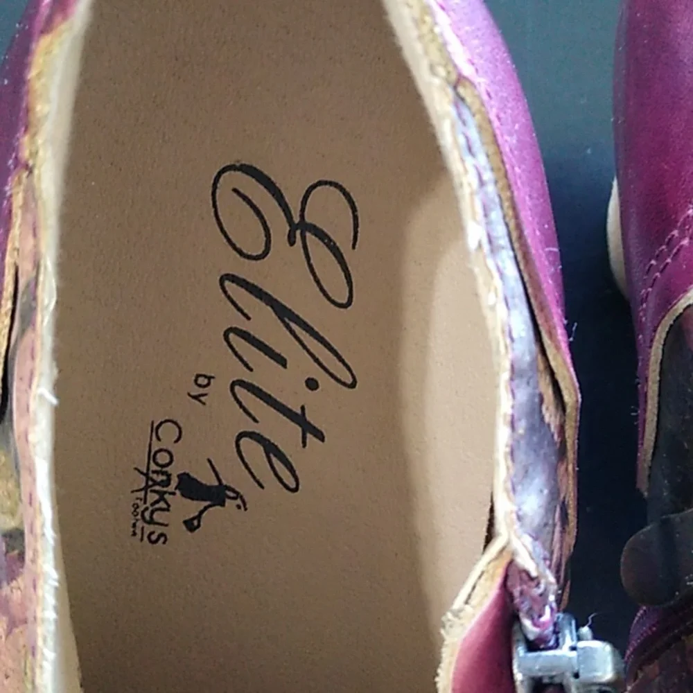 ELITE BY CORKY LEATHER ANKLE BOOTS SIZE 7 side zip plum floral color LIKE NEW - Picture 5 of 15